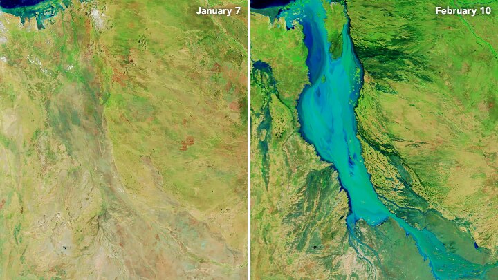 Satellite image of a river before and during the floods, near The Gulf of Carpentaria.