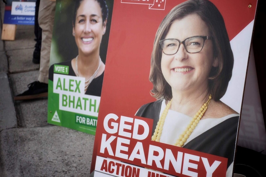 Campaign signs for Alex Bhathal, Greens and Ged Kearney in the federal seat of Batman.