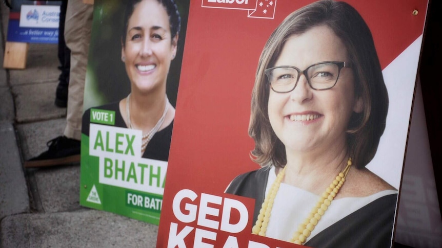 Campaign signs for Alex Bhathal, Greens and Ged Kearney in the federal seat of Batman.