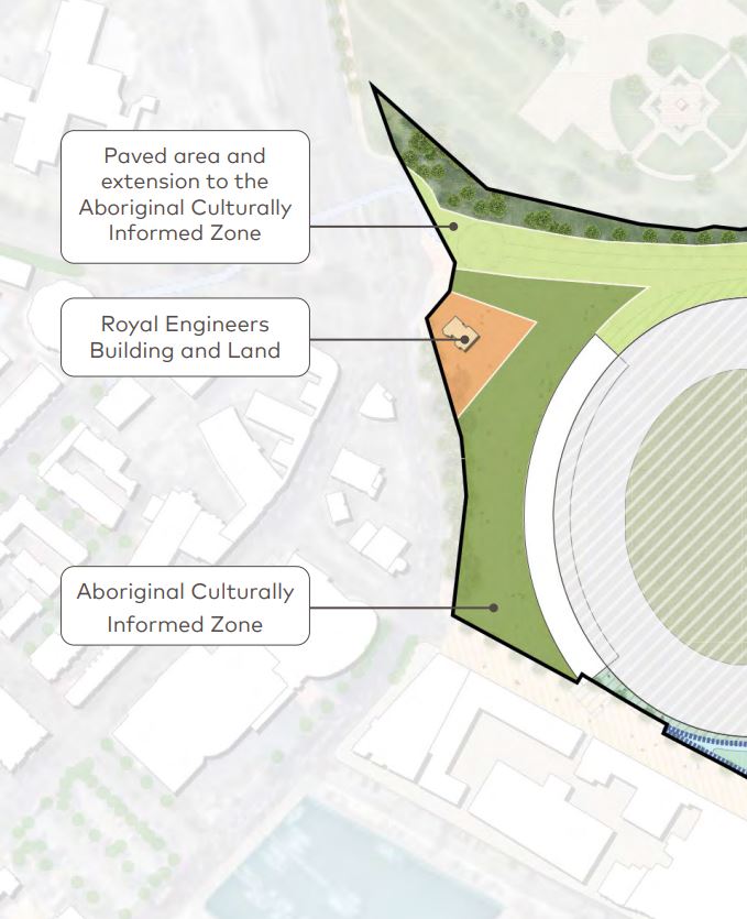 A concept map showing a section to the left of a stadium marked out for an Aboriginal zone.