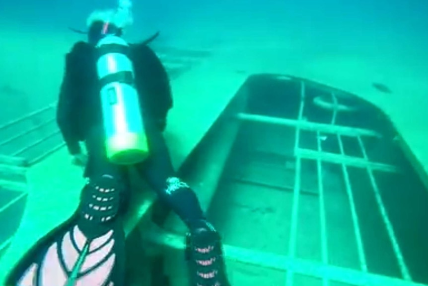A diver explores the HMAS Tobruk underwater.