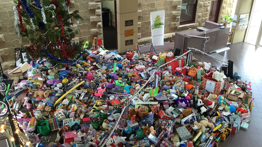 The Giving Tree in Hobart with donations under it