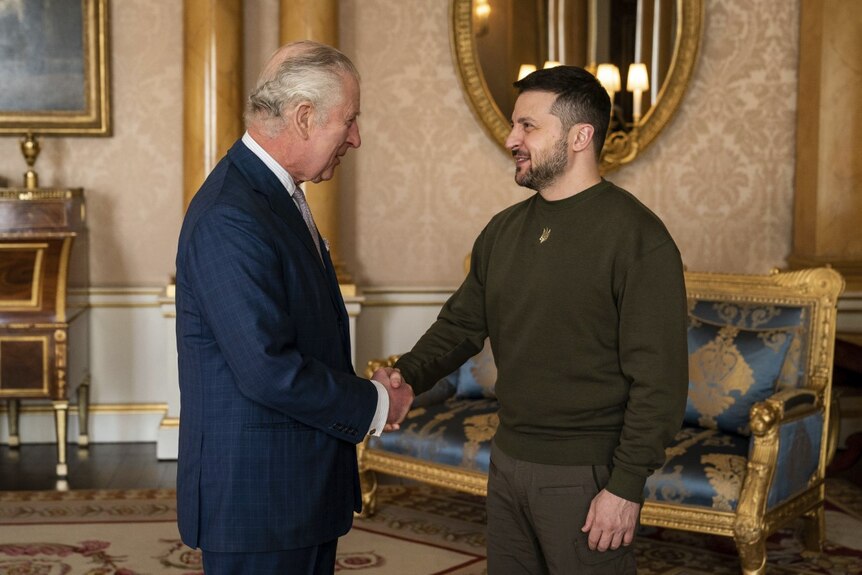 King Charles, left, shakes hands with Zelenskyy in a lavish palace room