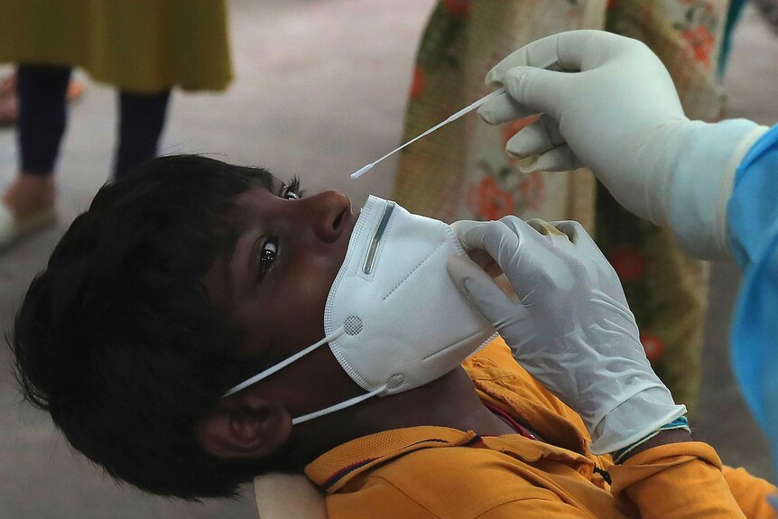 A boy gets a nasal swab sample taken in Hyderabad, India.