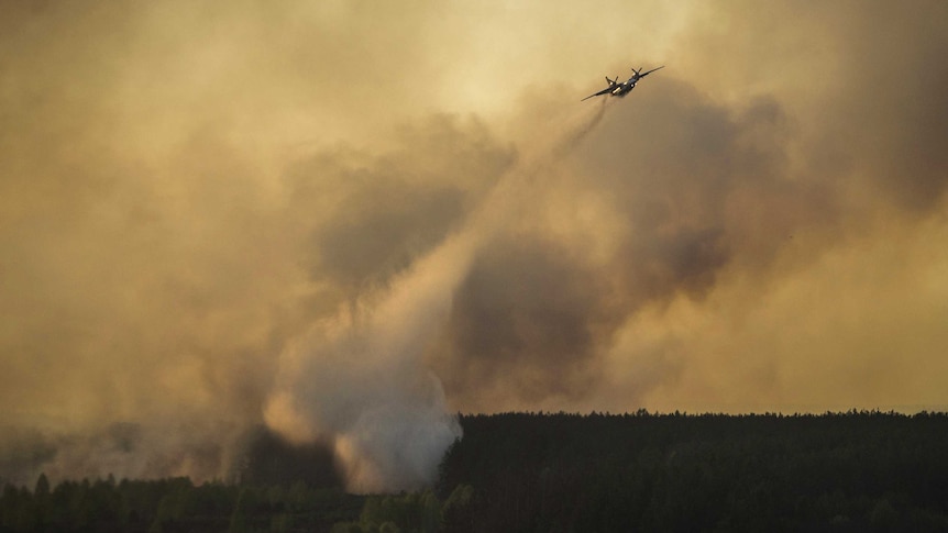 A plane drops water on a fire near Chernobyl