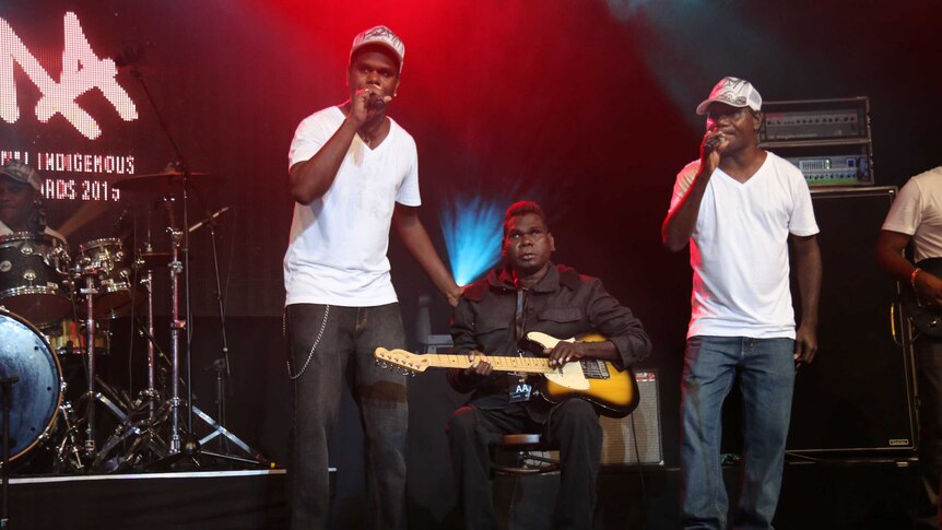 Tiwi Islands band B2M (Bathurst to Melville) perform with Gurrumul at National Indigenous Music Awards 2015