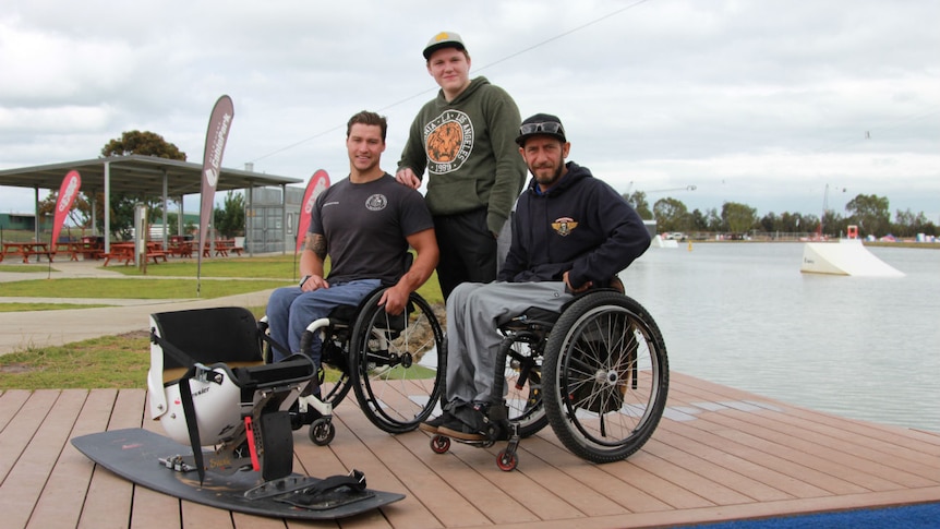 Robbie Peime, Tom Klein and Jerome Elbrycht on the dock at the Melbourne Cable Park.