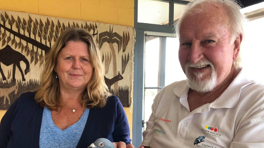 Steve and Veronica Ahern at their property in Cobargo, south-east of New South Wales with their visiting pigeon friend.