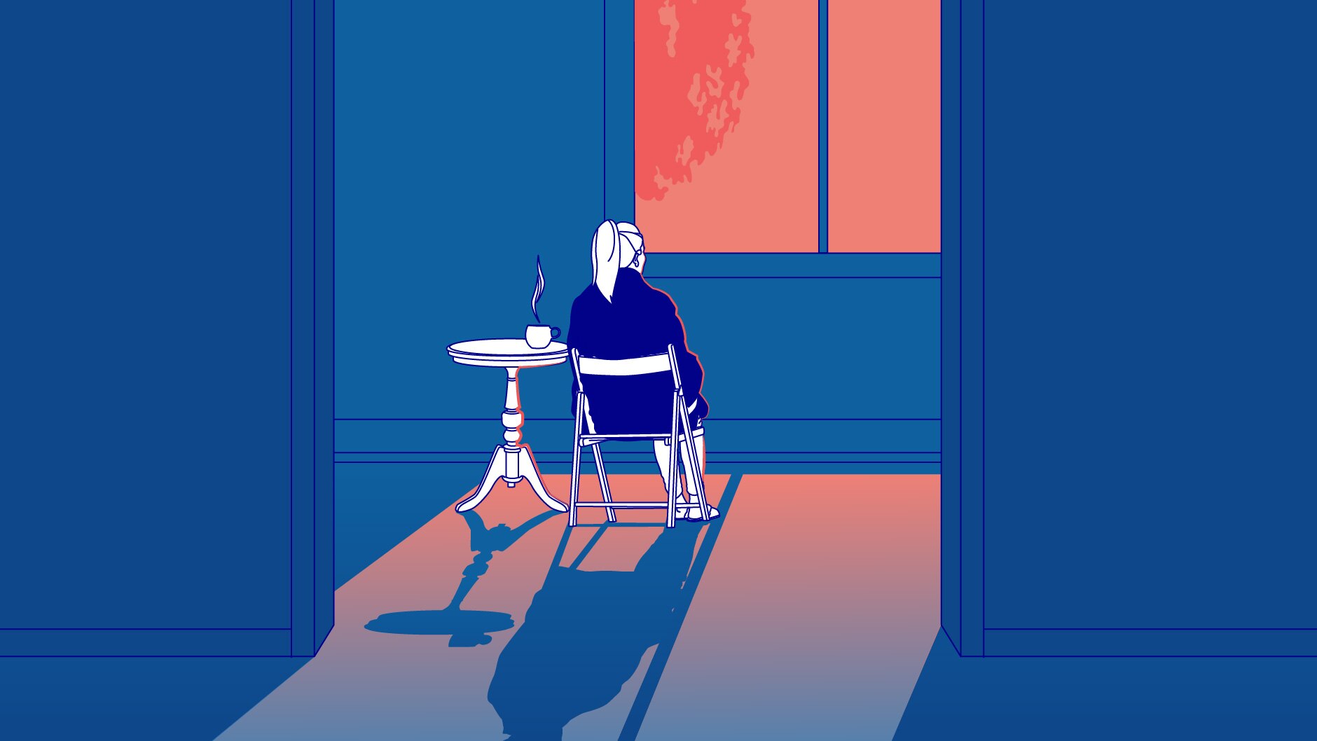 An illustration in blue and pink colours shows a woman sitting alone in a room looking out a window