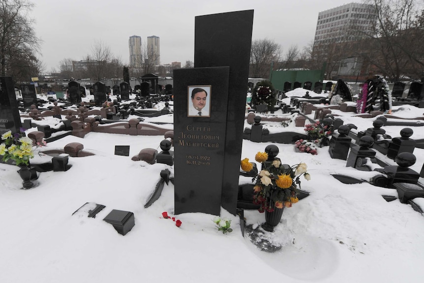 The snow-clad grave of Russian anti-corruption lawyer Sergei Magnitsky at a cemetery in Moscow.