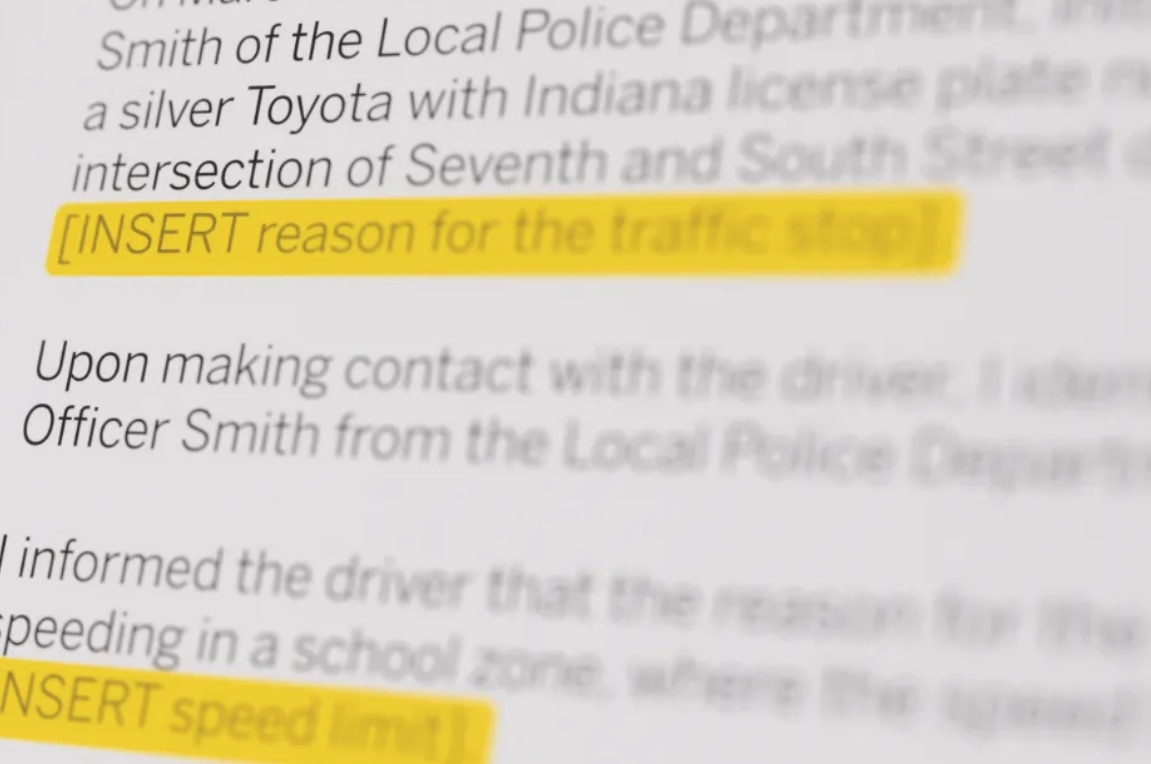AI-assisted police report writing sample shown on screen.