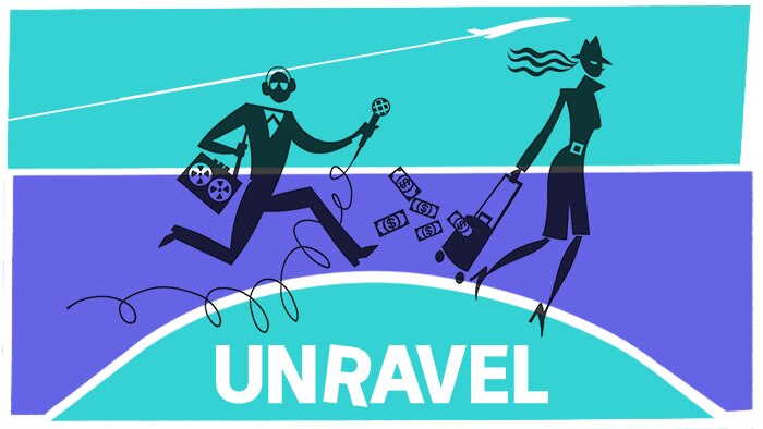 Stylised silhouette illustration of a man with a microphone chasing a woman with a wheeled suitcase