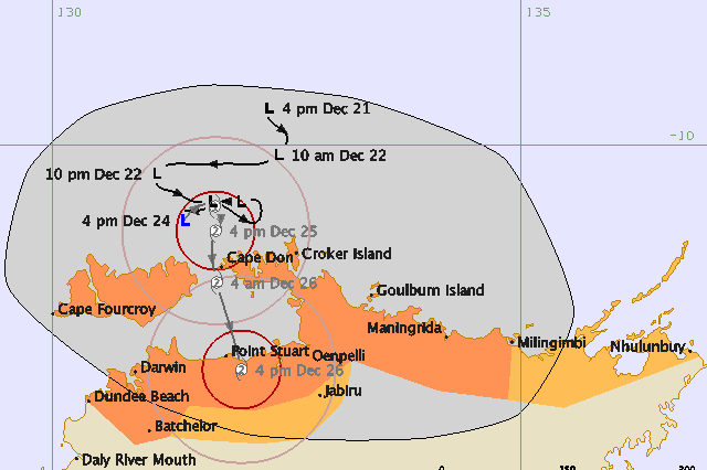 Tropical cyclone forecast track map.