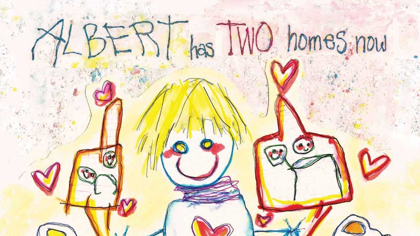 Drawing by a three-year-old of a smiling boy with the words Albert has two homes now