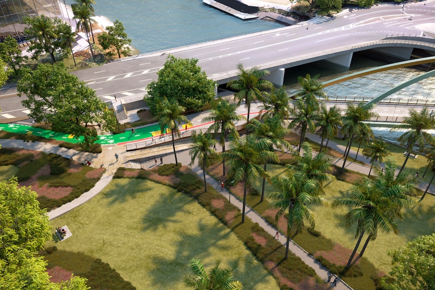 A concept image of the connection pathways at Newstead House to the proposed Breakfast Creek Bridge