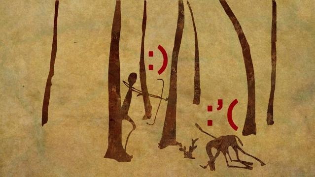 Drawing of stick man pointing bow and arrow at collapsed deer in forest, happy and sad face emoji above