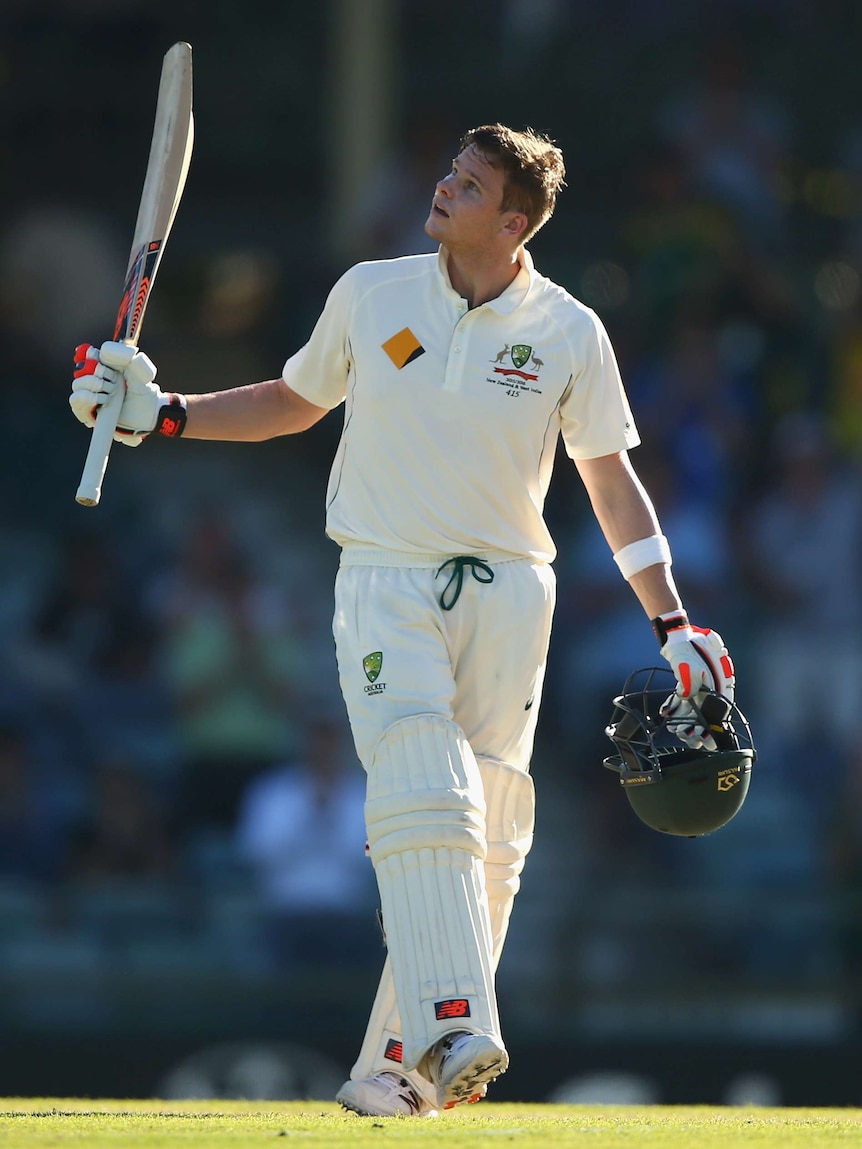 Steve Smith of Australia celebrates after reaching his century against New Zealand at the WACA.
