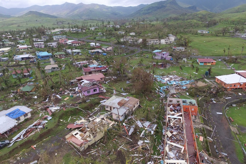 Aerial view of cyclone damage in the Fijian town of Rakiraki.