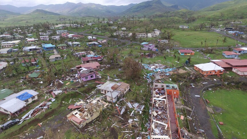 Aerial view of cyclone damage in the Fijian town of Rakiraki.