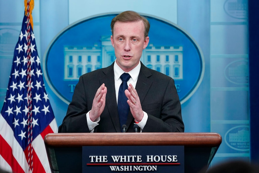 ,White House national security adviser Jake Sullivan speaks during the daily briefing