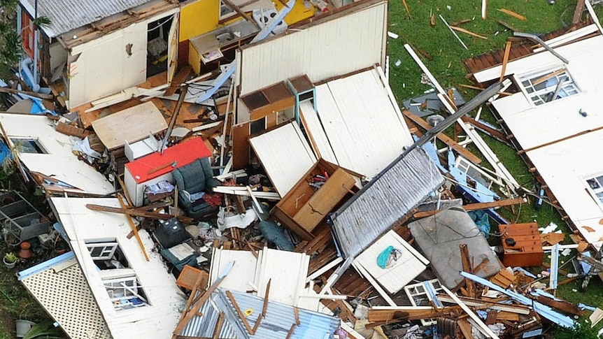 A house, completely destroyed, with debris lying everywhere in Tully after Cyclone Yasi hit on February 3, 2011.