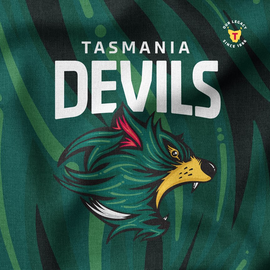 Tasmania Devils AFL team logo design, on green fabric background.