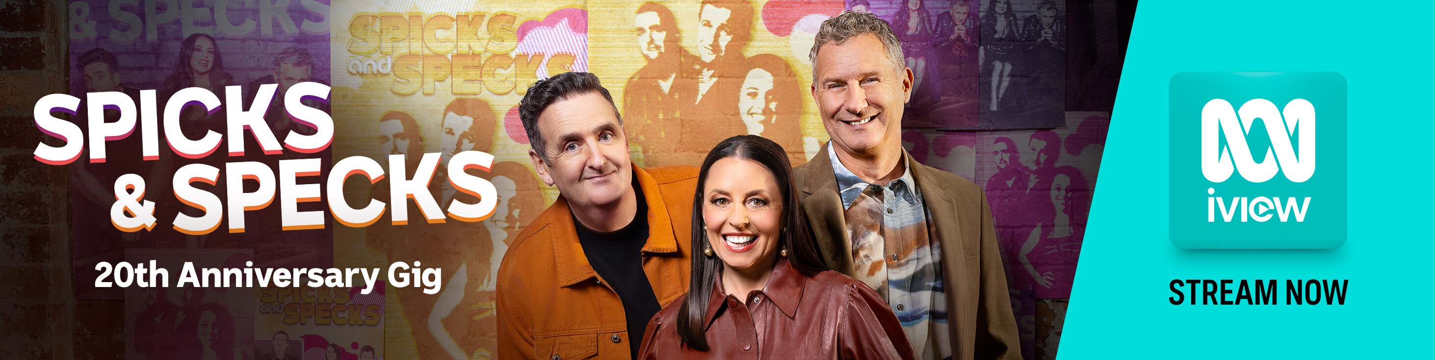 Hosts Adam Hills, Myf Warhurst and Alan Brough with text 20th Anniversary Gig Stream Now on iview.