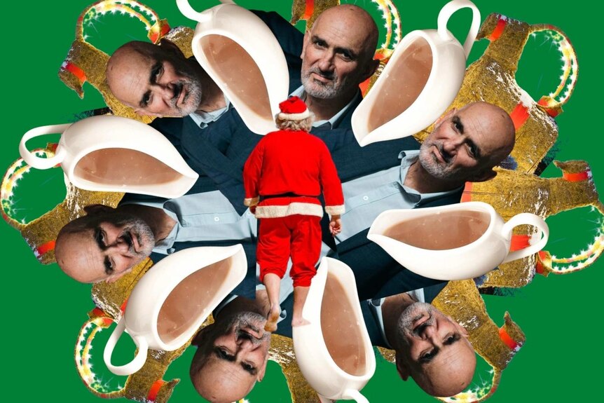 A collage of images of Paul Kelly, gravy boats, Santa and the Gavle Yule goat on a dark green background. 