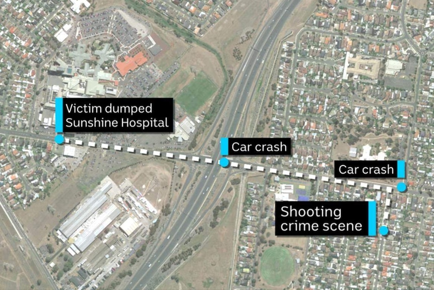 A map showing where a woman was shot, dumped at hospital and two car crashes at Sunshine.