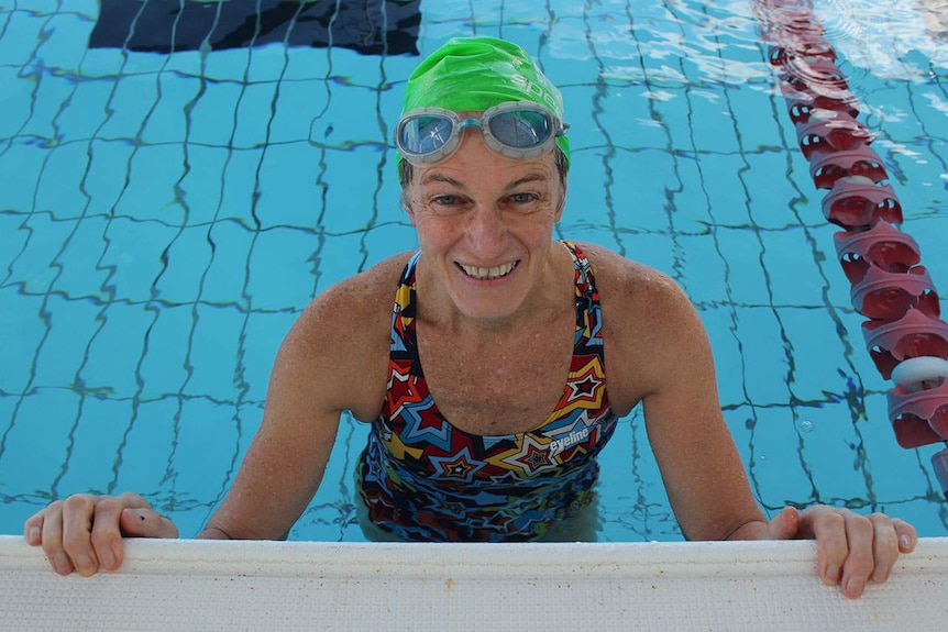 Masters swimmer Barbara Gruber taking a quick break from training at the Noosa Aquatic Centre on Queensland's Sunshine Coast