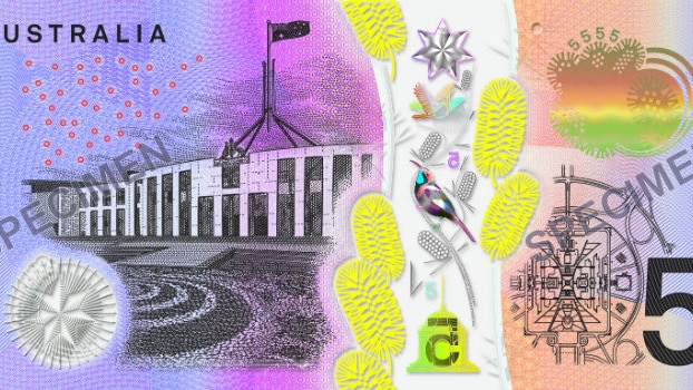 An example of Australia's new $5 note, showing Queen Elizabeth and a clear plastic window that runs from top to bottom.
