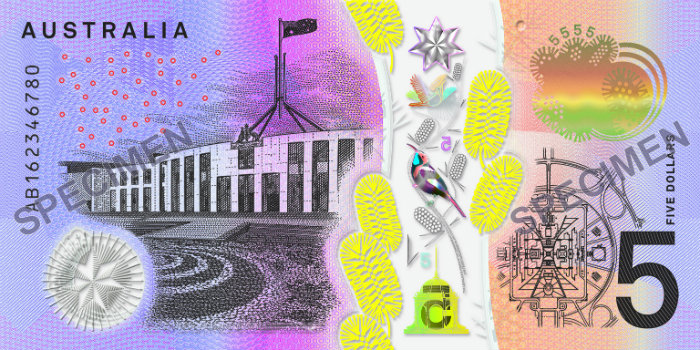 An example of Australia's new $5 note, showing Queen Elizabeth and a clear plastic window that runs from top to bottom.