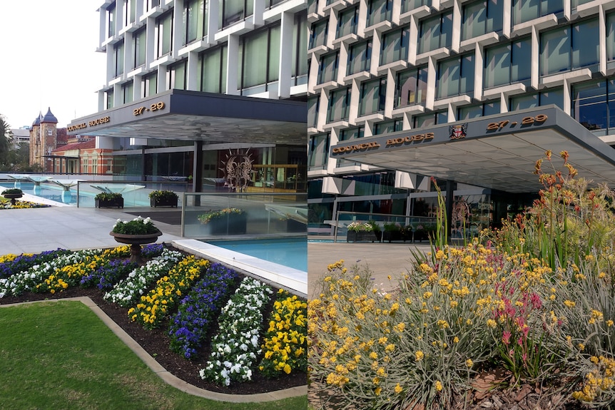 A split image showing the change to a garden outside a municipal building.