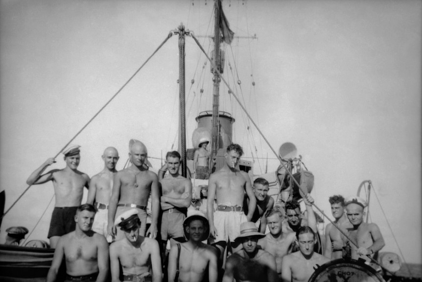 Navy seamen pose for a photo during World War II.