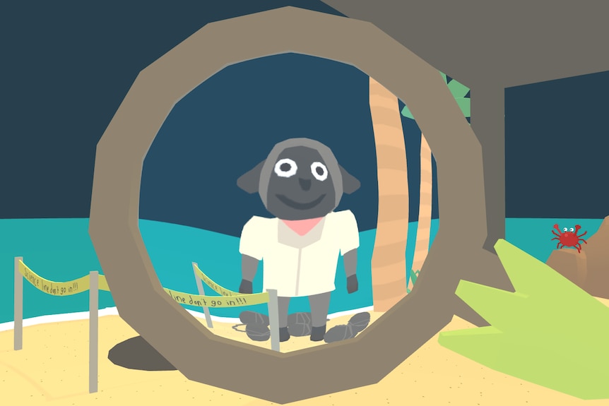 An animation of a black sheep in a lab coat standing on a beach being magnified through a magnifying glass