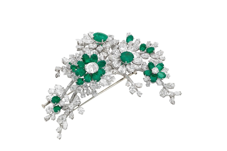 Bulgari platinum, emerald and diamond tremblant brooch