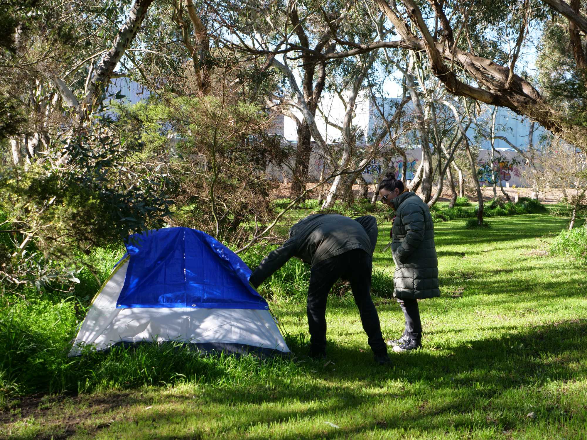 Two people peer into a thin hiking tent set up on grass in the shade of trees