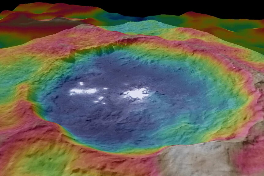 A topographic map of Occator Crateron the surface of the dwarf planet Ceres.