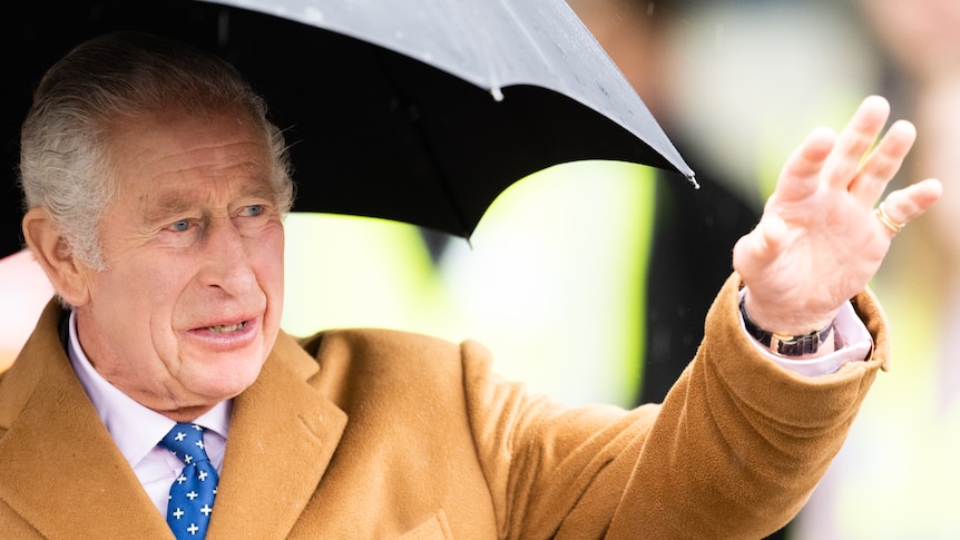 King Charles reaches out from under a black umbrella canopy to wave at a crowd. 