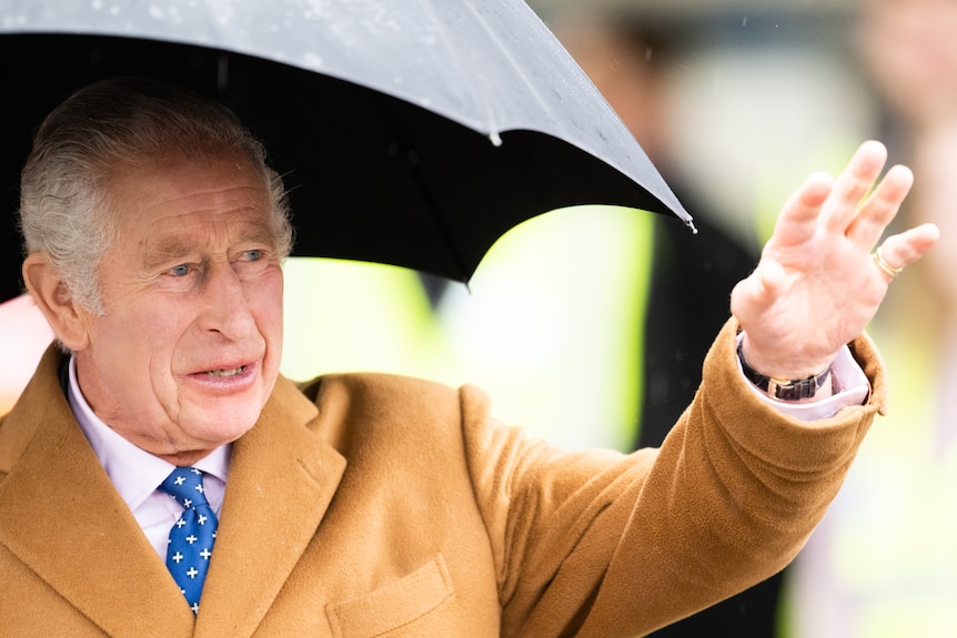 King Charles reaches out from under a black umbrella canopy to wave at a crowd. 