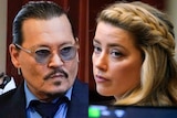 A composite image of Johnny Depp and Amber Heard in court.