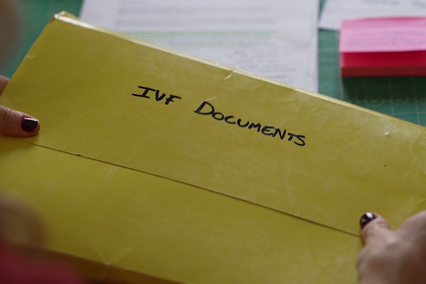 A person's hands holding a yellow folder with 'IVF documents' written on it.