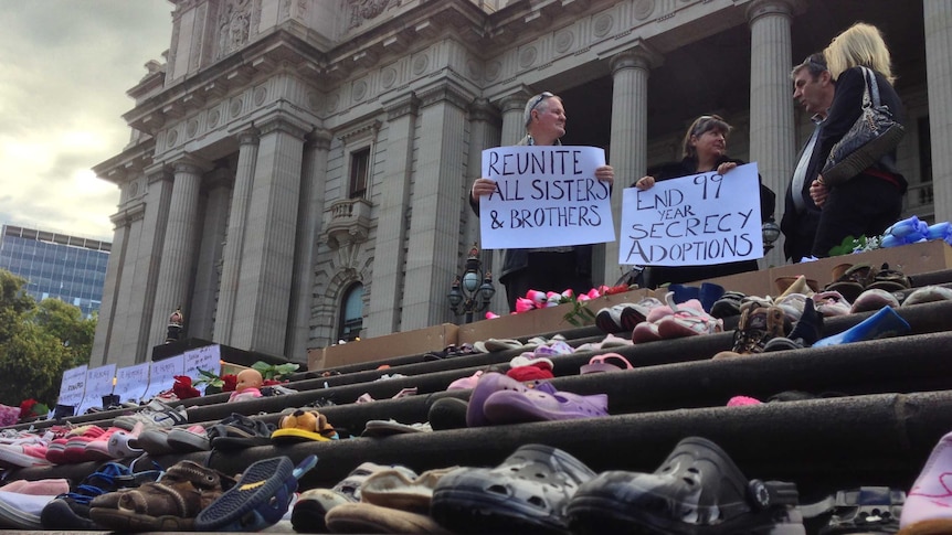 Protest outside Victorian Parliament before forced adoption apology