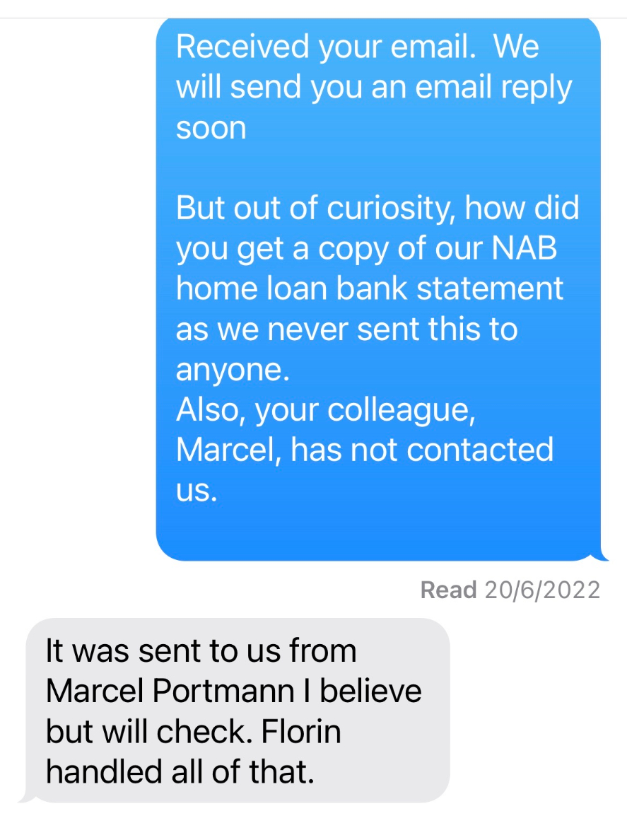A text message exchange between Michelle Correy and Geoff Beaty.