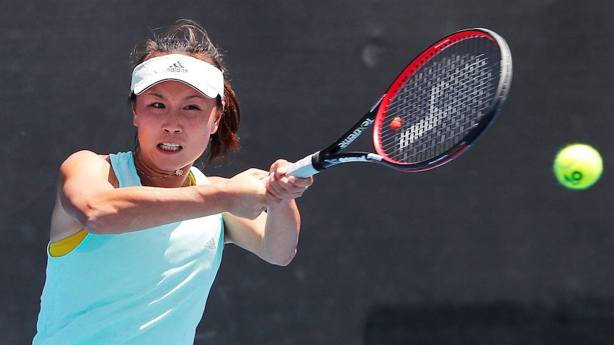 Chinese tennis star Peng Shuai hits a tennis ball during practice at the Australian Open in 2019.
