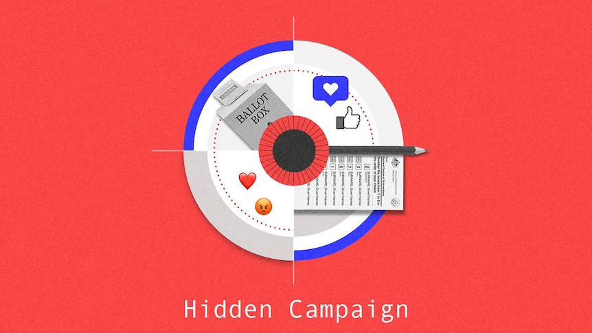 A designed image showing an eye, a ballot paper and ballot box, pencil and social media like, love and angry symbols.