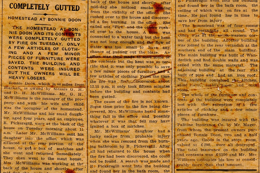 A Barcoo Independent newspaper clipping describes a fire at Bonnie Doon, outside Blackall, November 29, 1940