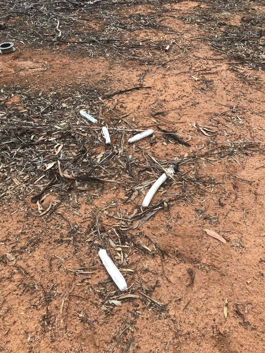 White tubes scattered on the ground.