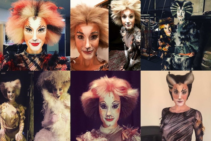 A collage of a woman in Cats costumes and makeup