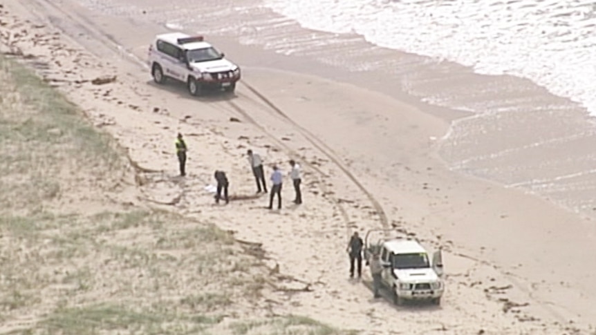 Detectives standing around a person found dead on a beach, police vehicle parked either side on the beach